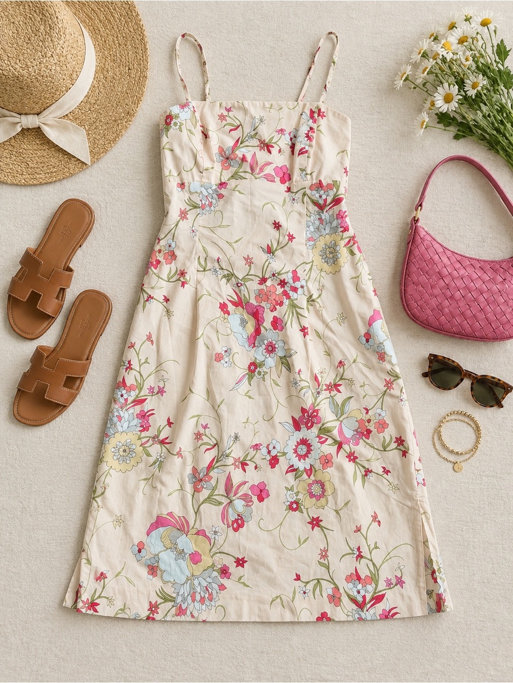Floral Tie-Back Spaghetti-Strap Midi Dress - Cream with Pink & Blue Flowers
